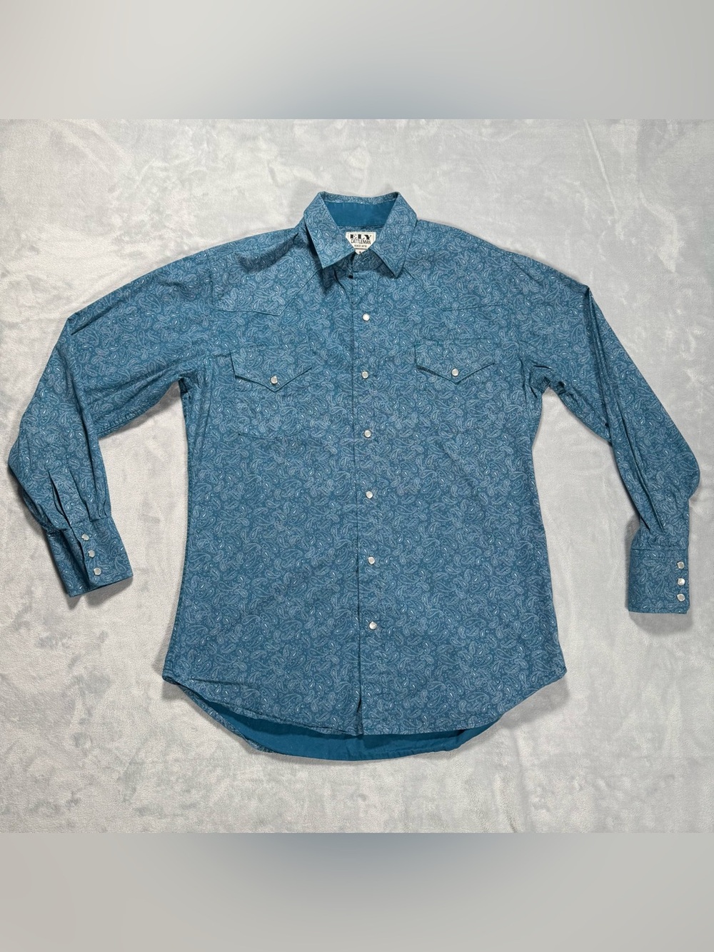 ELY Cattleman Mens Medium Blue Paisley Pearl Snap Western Cowboy Shirt